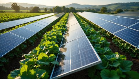 Agrivoltaics field with solar panels and vegetation